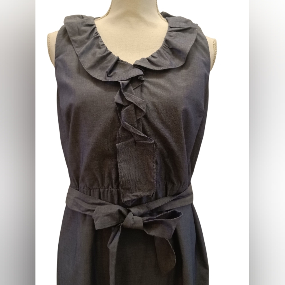 Ann Taylor Factory Blue Chambray Ruffle Tie waist Sleeveless Dress 10P NWT - Picture 3 of 10